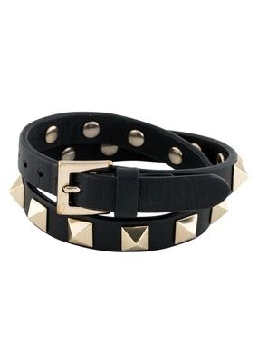 NWT! Valentino Garavani Black Leather Double Wrap Gold Studded Bracelet with Box
